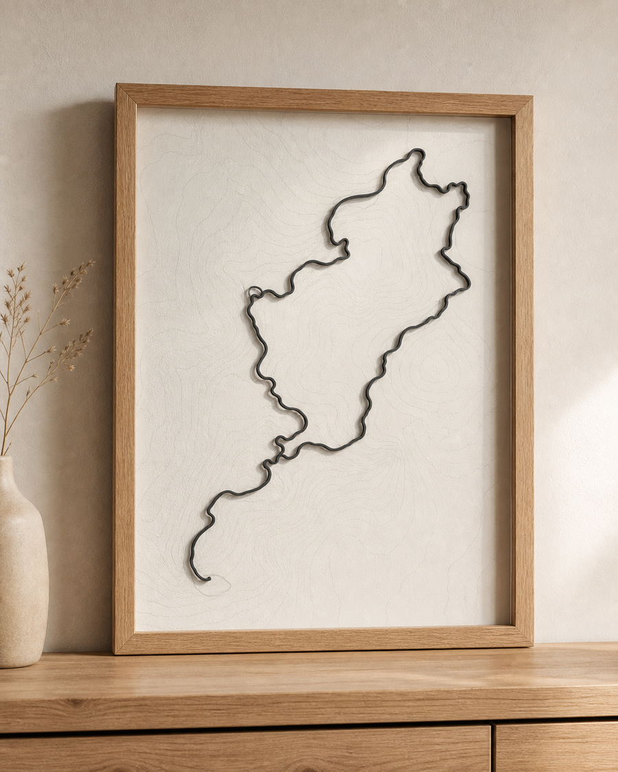 Custom route poster in an oak frame with a raised black 3D route