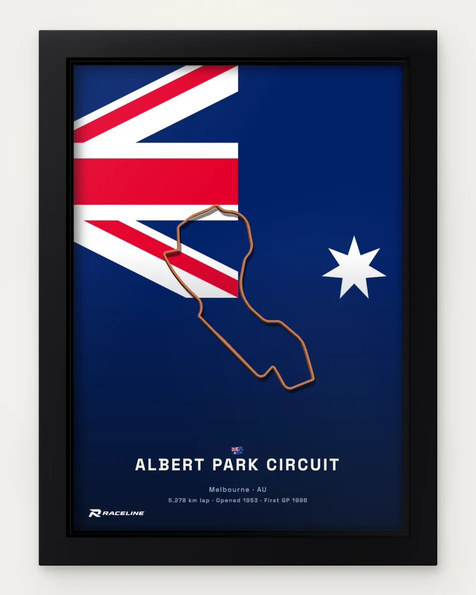 Framed Albert Park Circuit circuit poster on its national flag background