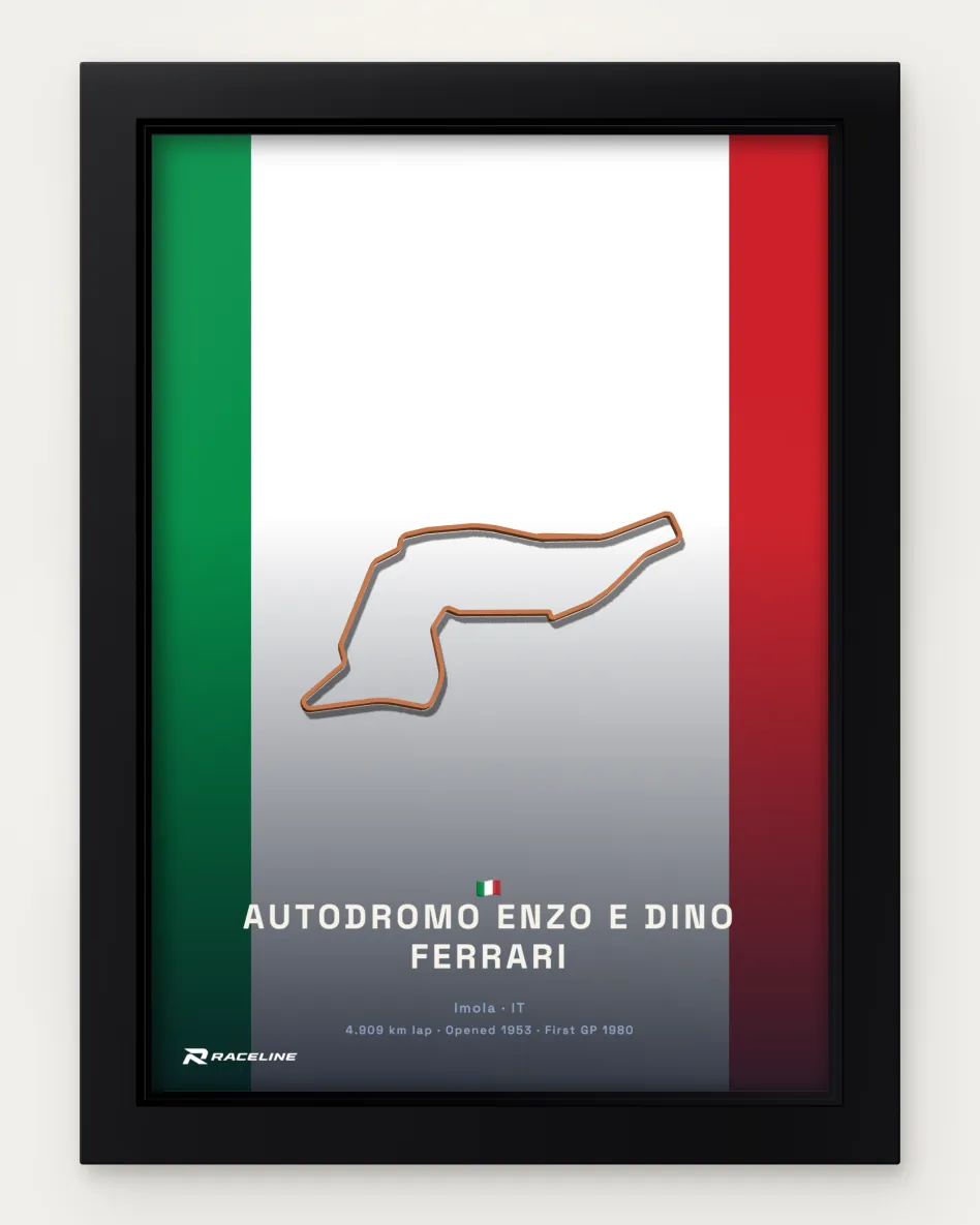 Framed Autodromo Enzo e Dino Ferrari circuit poster on its national flag background