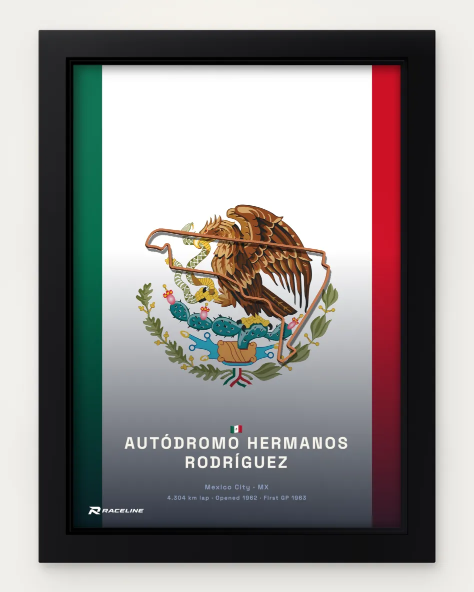 Framed Autódromo Hermanos Rodríguez circuit poster on its national flag background