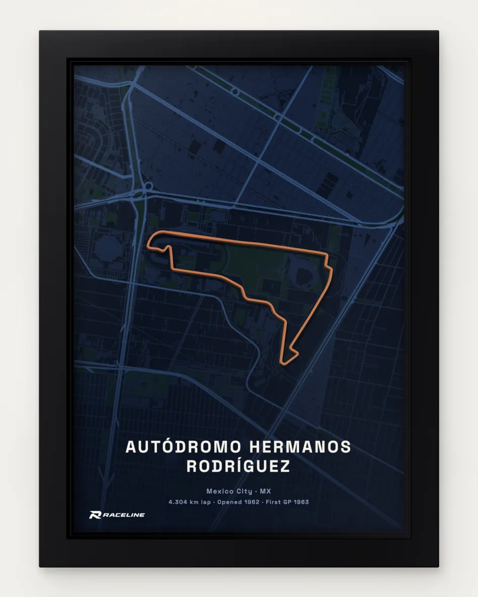 Framed Autódromo Hermanos Rodríguez circuit poster with a map background