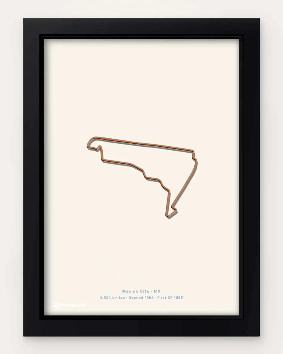 Framed Autódromo Hermanos Rodríguez circuit poster on a solid background