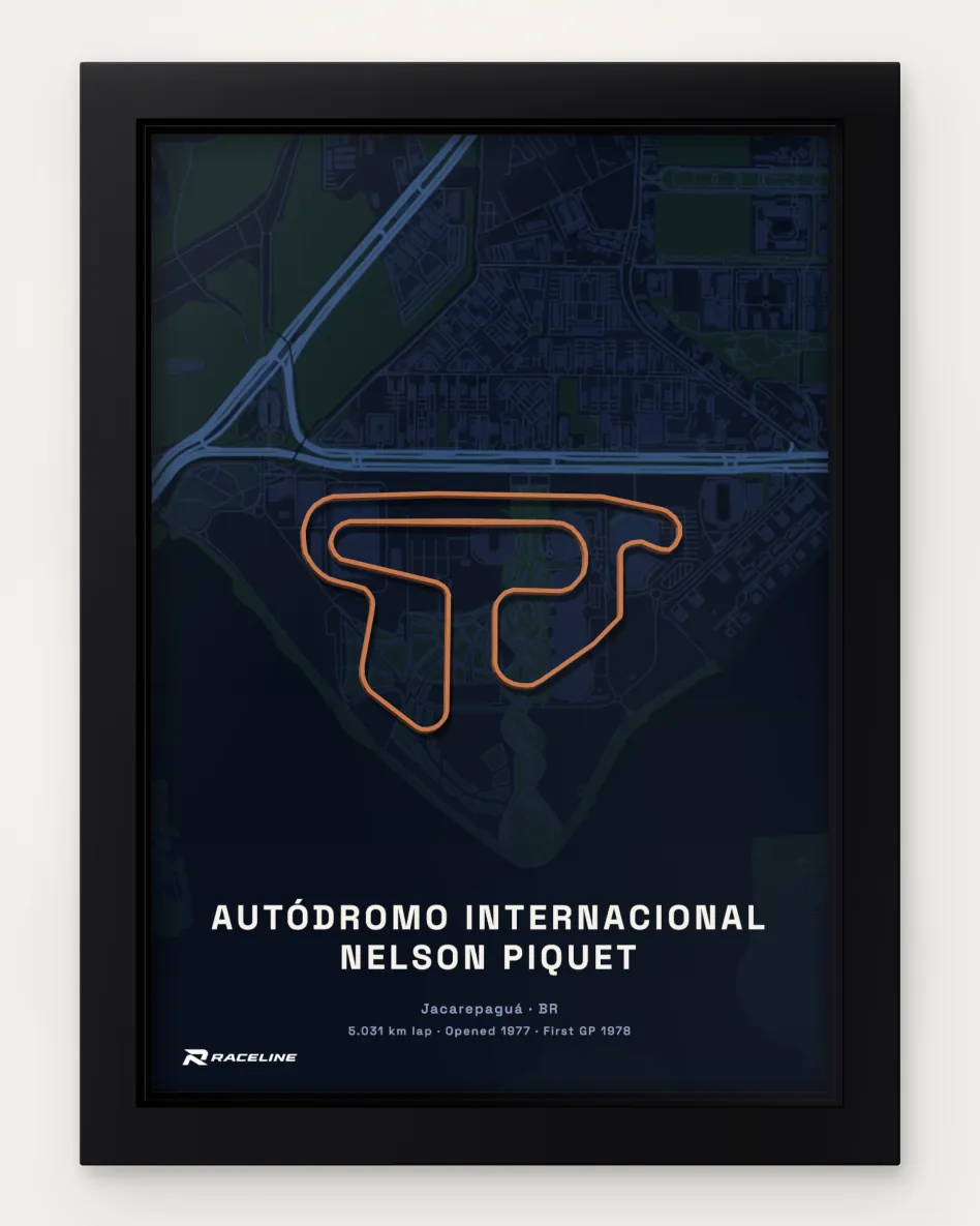 Framed Autódromo Internacional Nelson Piquet circuit poster with a map background