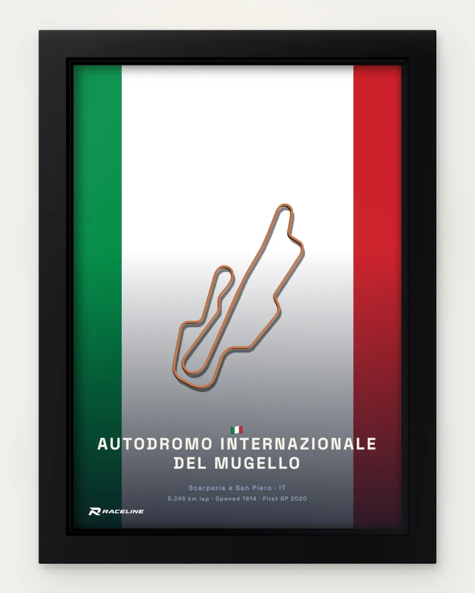Framed Autodromo Internazionale del Mugello circuit poster on its national flag background