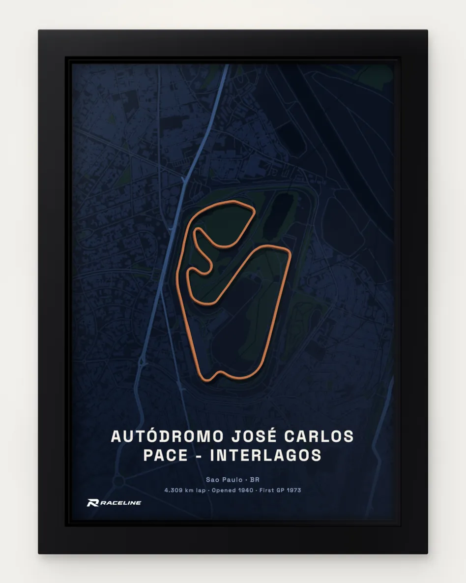 Framed Autódromo José Carlos Pace - Interlagos circuit poster with a map background