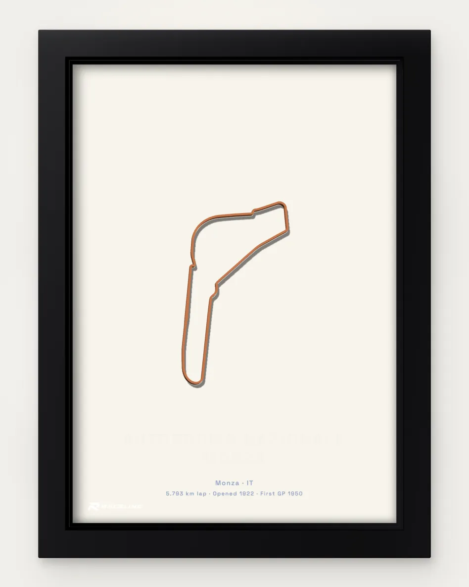 Framed Autodromo Nazionale Monza circuit poster on a solid background
