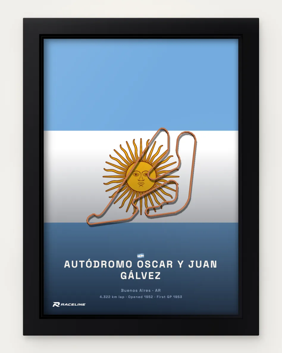 Framed Autódromo Oscar y Juan Gálvez circuit poster on its national flag background