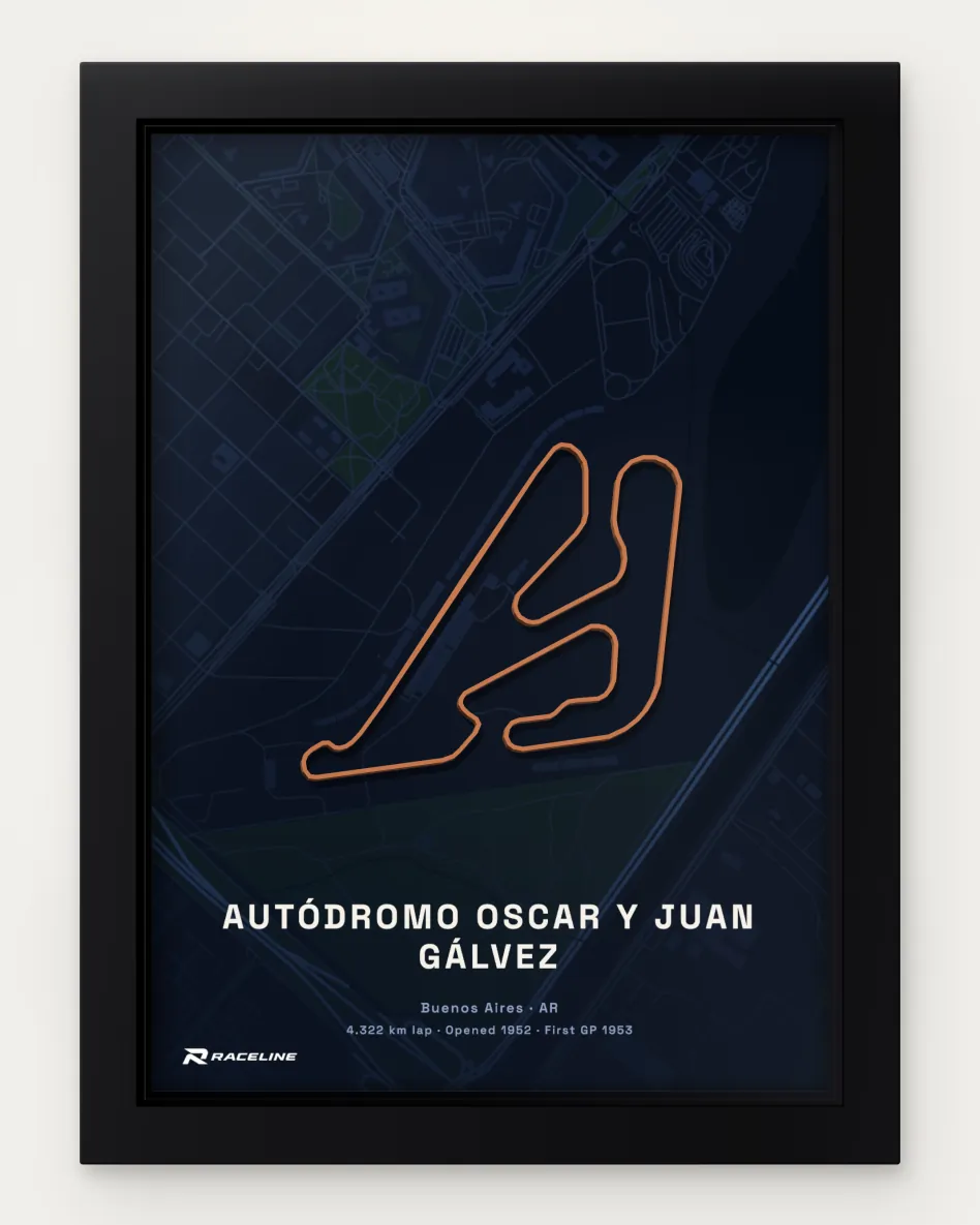 Framed Autódromo Oscar y Juan Gálvez circuit poster with a map background