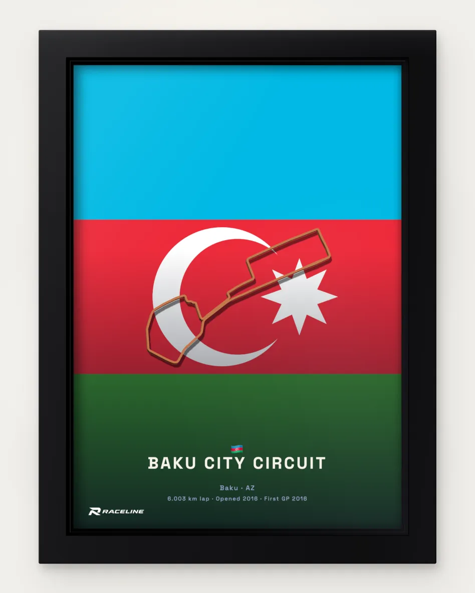 Framed Baku City Circuit circuit poster on its national flag background