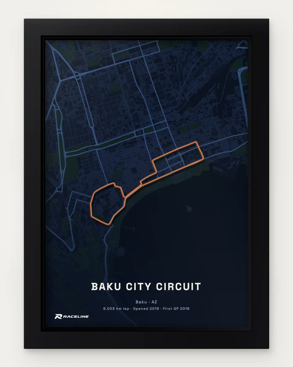 Framed Baku City Circuit circuit poster with a map background