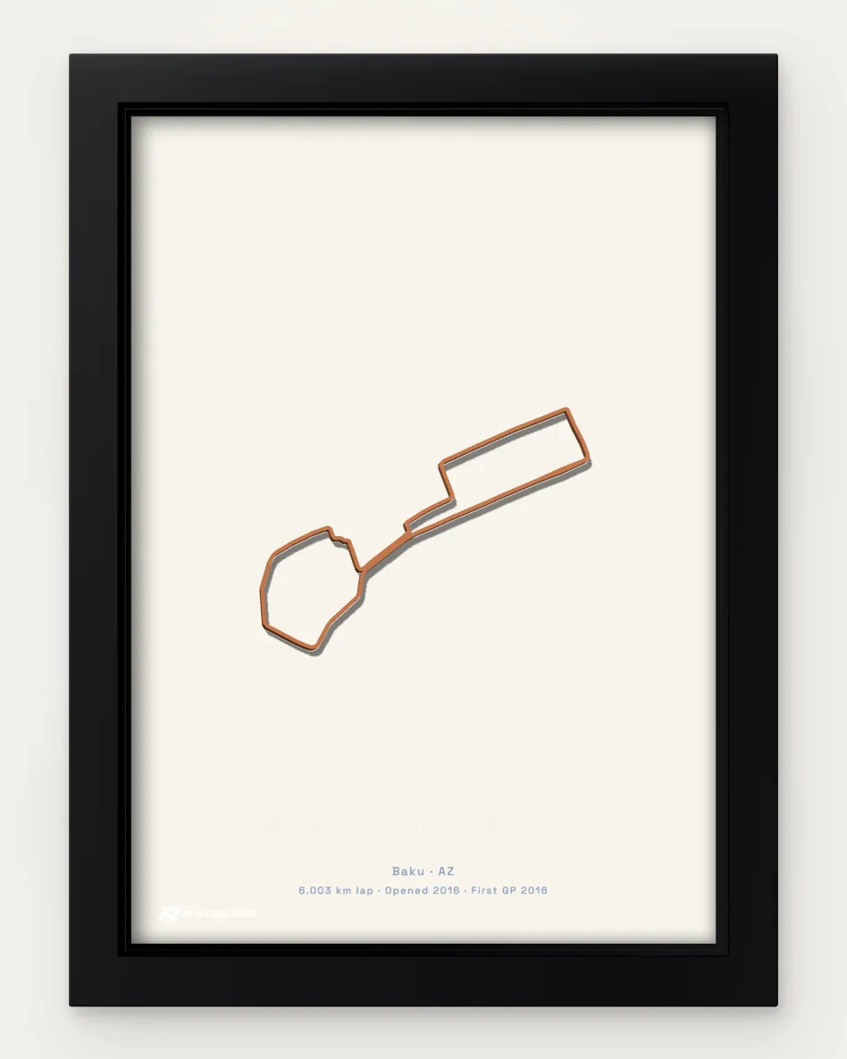 Framed Baku City Circuit circuit poster on a solid background