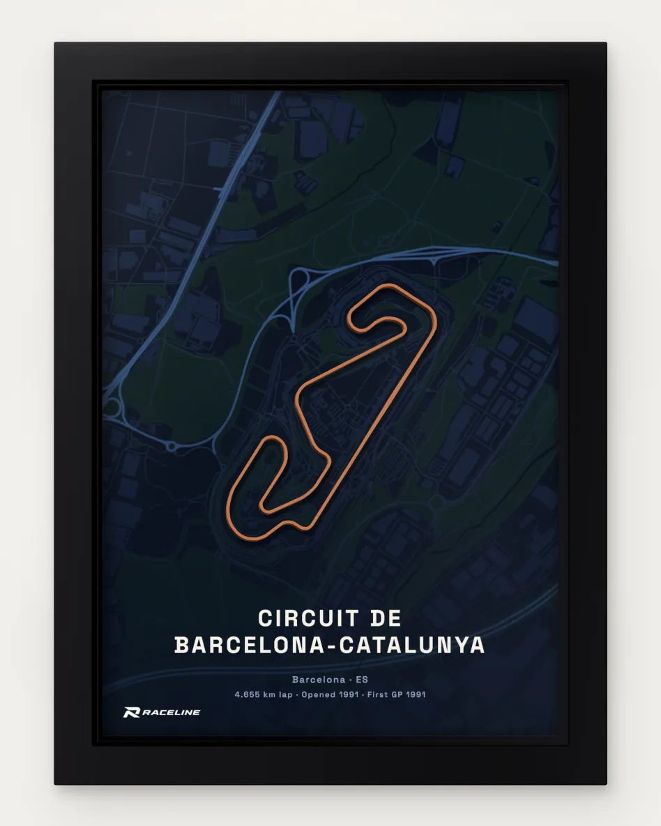 Framed Circuit de Barcelona-Catalunya circuit poster with a map background