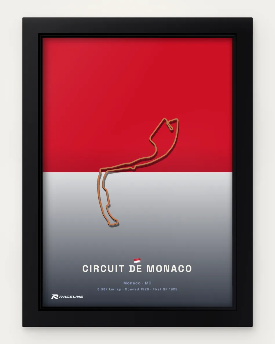 Framed Circuit de Monaco circuit poster on its national flag background
