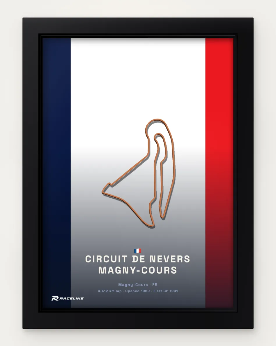 Framed Circuit de Nevers Magny-Cours circuit poster on its national flag background