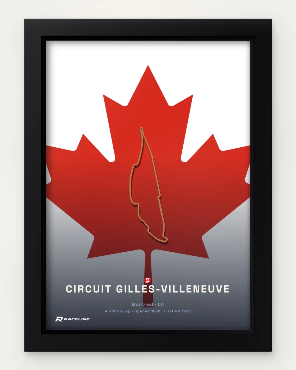 Framed Circuit Gilles-Villeneuve circuit poster on its national flag background