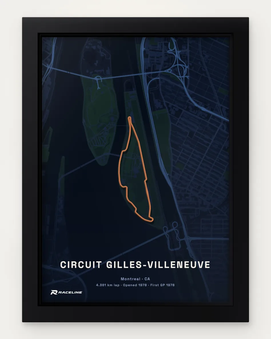 Framed Circuit Gilles-Villeneuve circuit poster with a map background