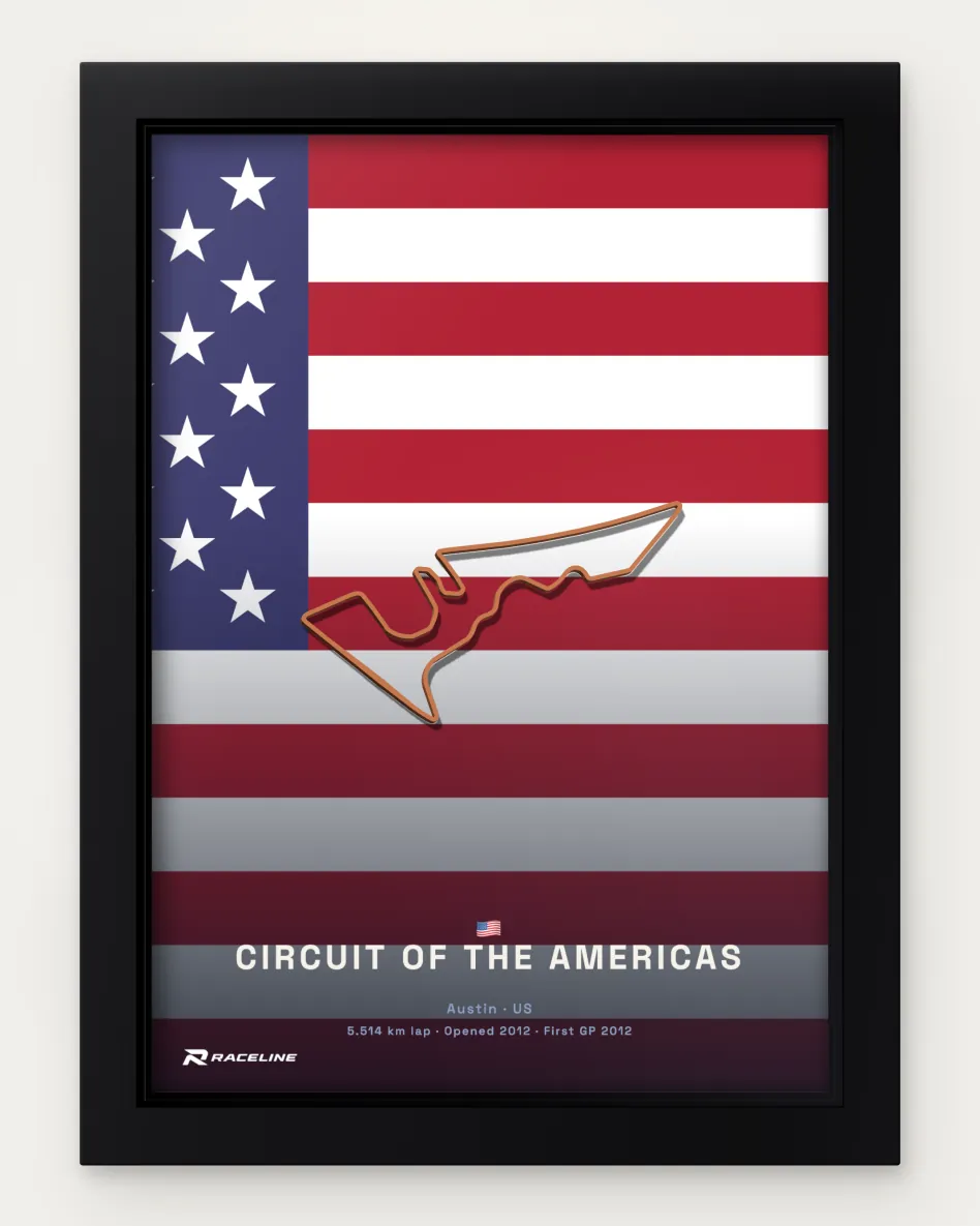 Framed Circuit of the Americas circuit poster on its national flag background