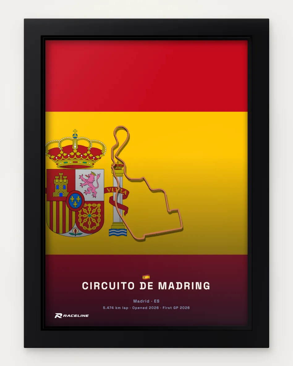 Framed Circuito de Madring circuit poster on its national flag background