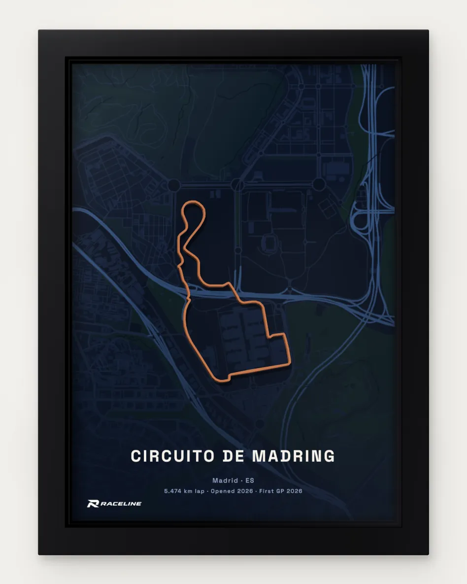 Framed Circuito de Madring circuit poster with a map background