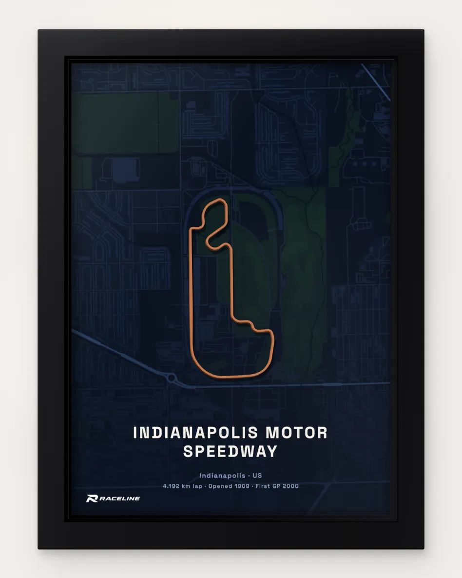 Framed Indianapolis Motor Speedway circuit poster with a map background