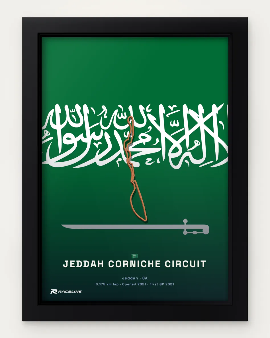 Framed Jeddah Corniche Circuit circuit poster on its national flag background