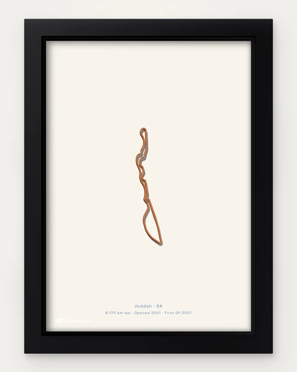 Framed Jeddah Corniche Circuit circuit poster on a solid background