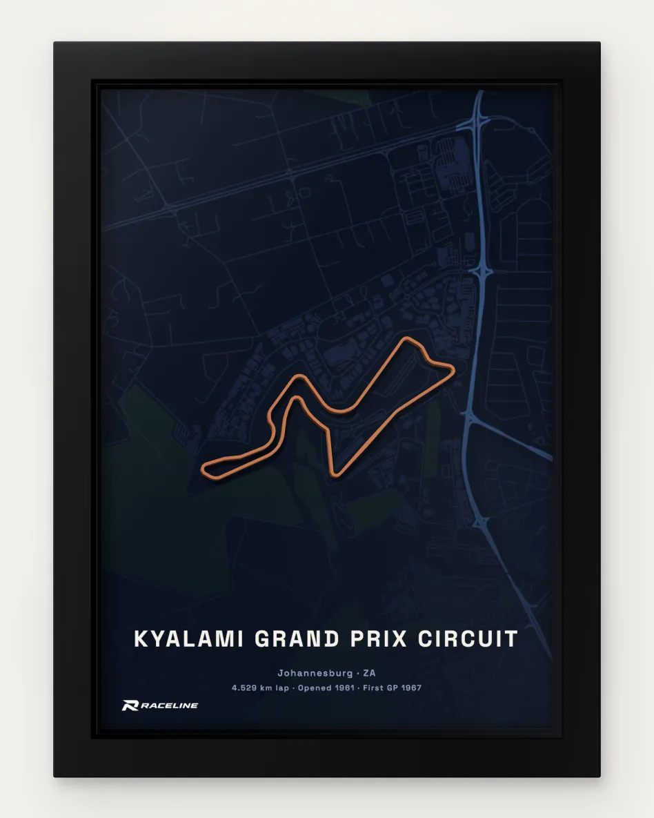Framed Kyalami Grand Prix Circuit circuit poster with a map background