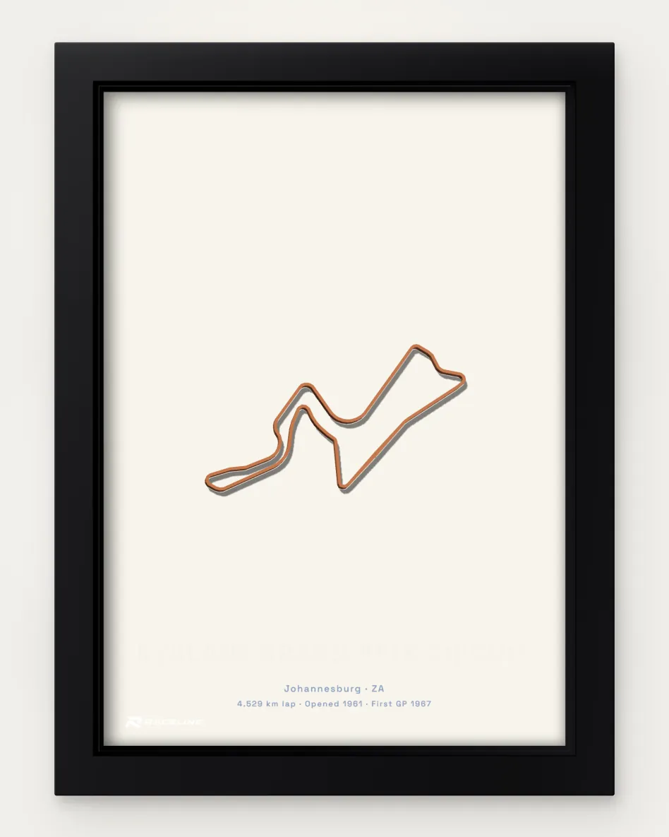 Framed Kyalami Grand Prix Circuit circuit poster on a solid background