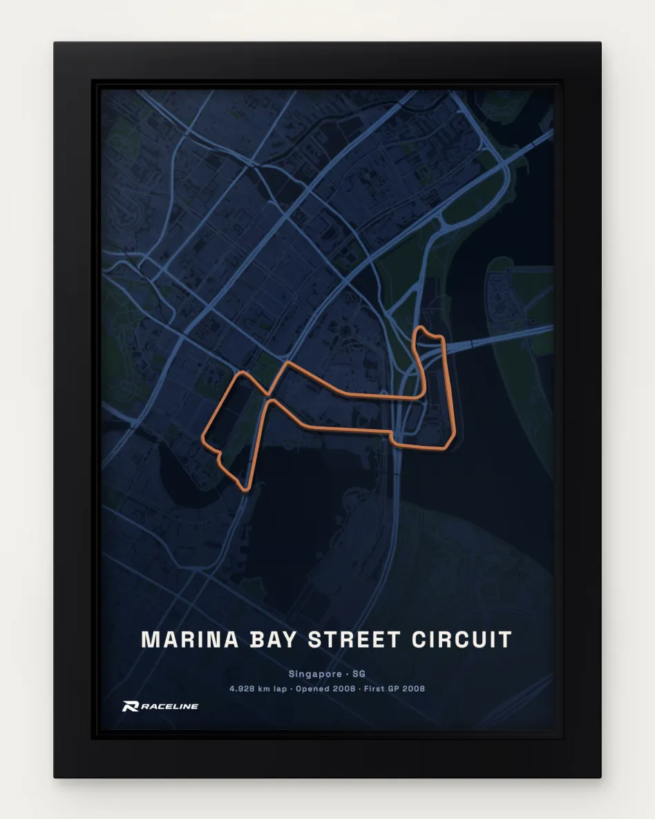 Framed Marina Bay Street Circuit circuit poster with a map background