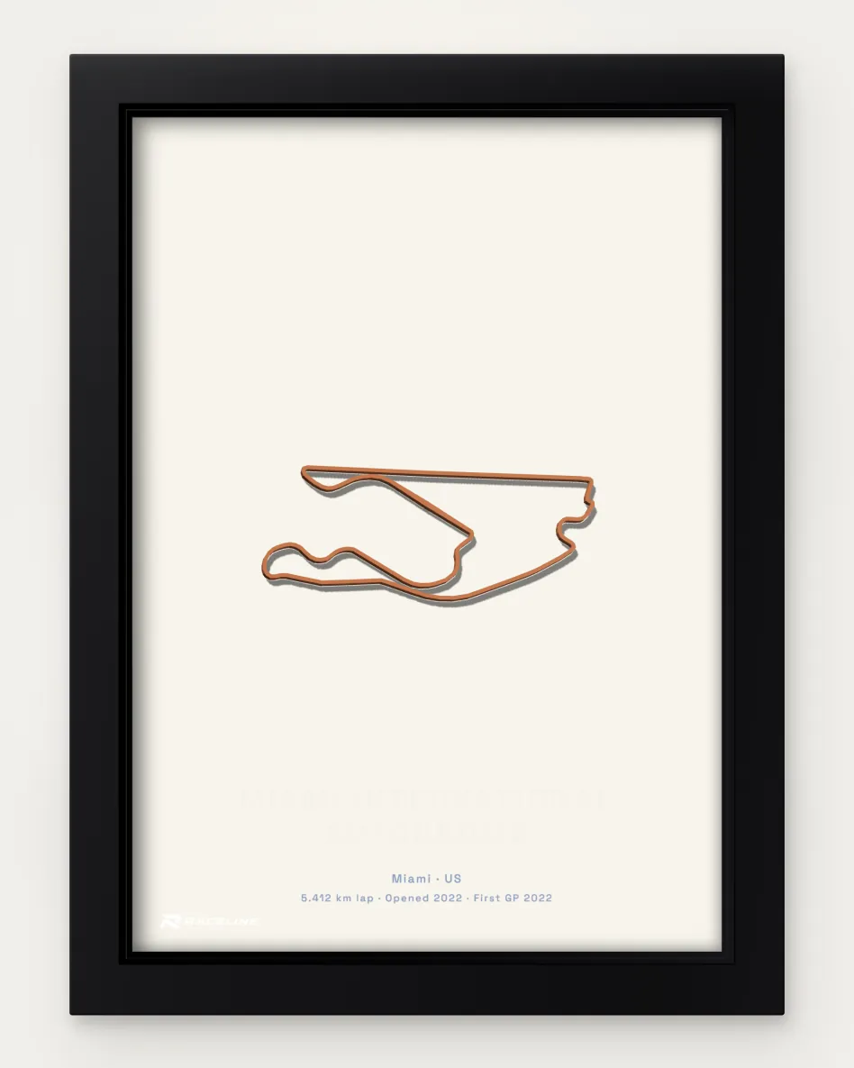 Framed Miami International Autodrome circuit poster on a solid background