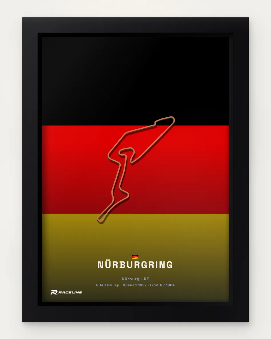 Framed Nürburgring circuit poster on its national flag background