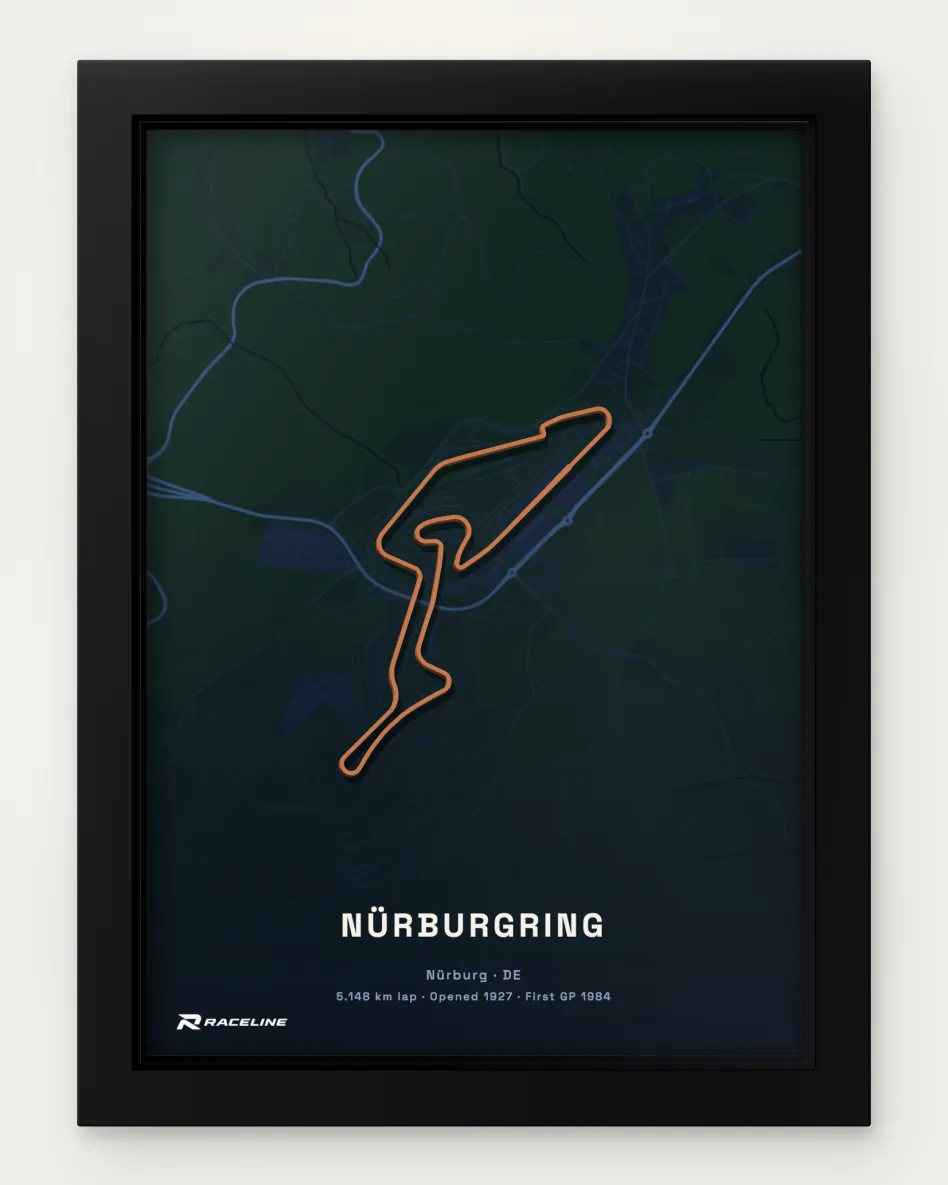 Framed Nürburgring circuit poster with a map background