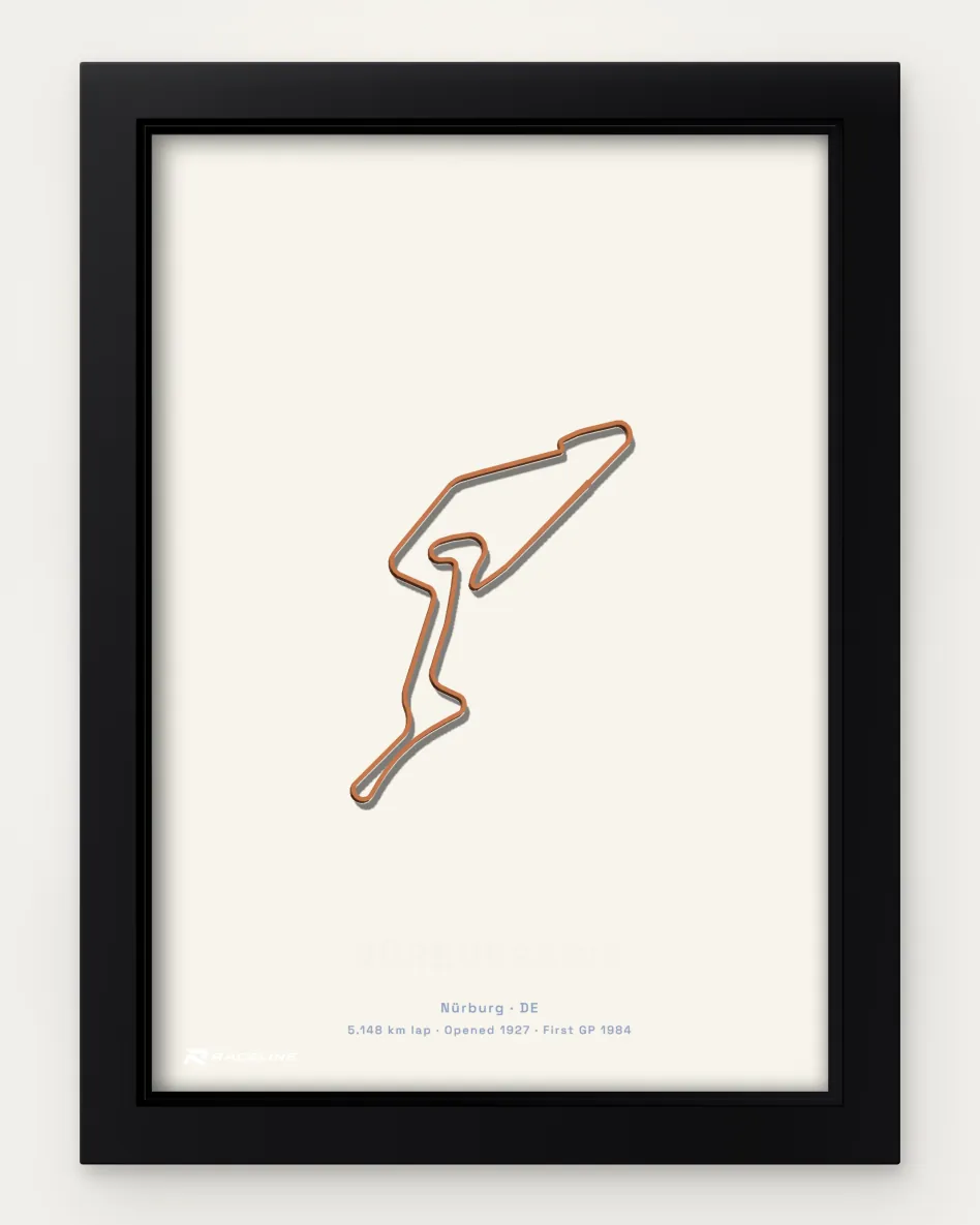 Framed Nürburgring circuit poster on a solid background