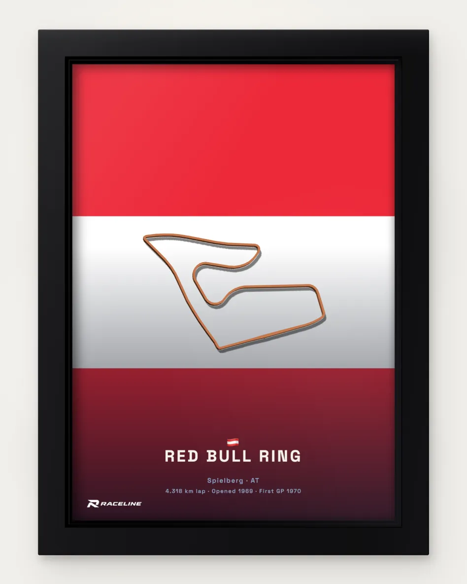 Framed Red Bull Ring circuit poster on its national flag background