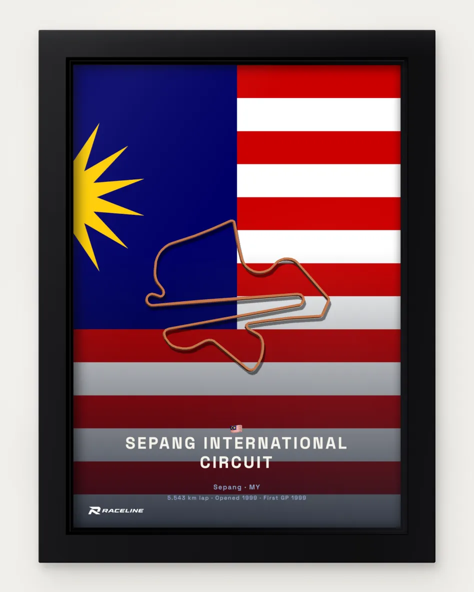Framed Sepang International Circuit circuit poster on its national flag background