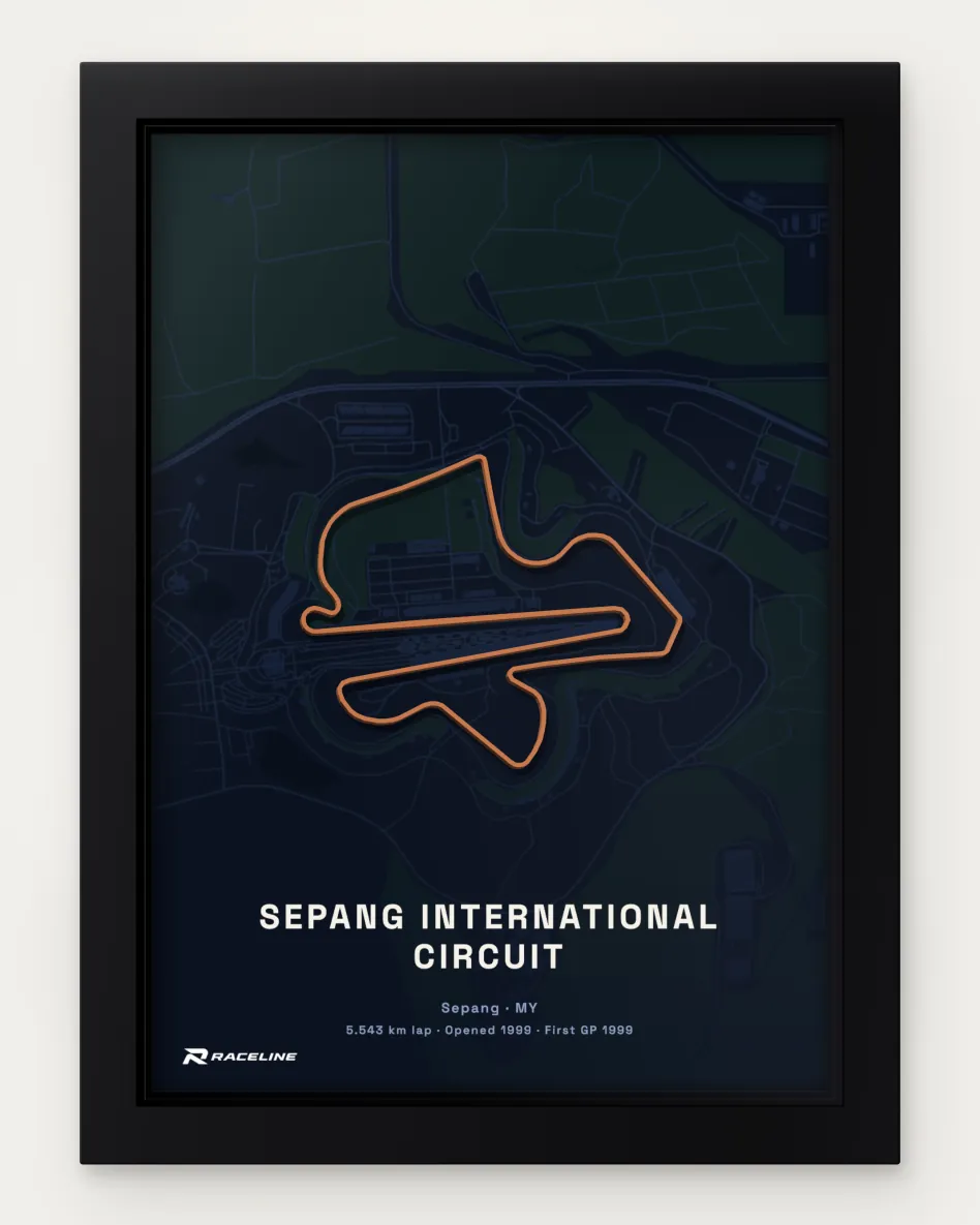 Framed Sepang International Circuit circuit poster with a map background