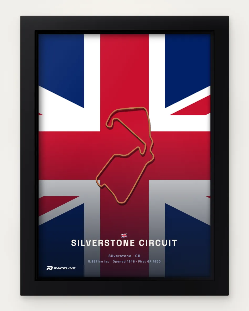 Framed Silverstone Circuit circuit poster on its national flag background