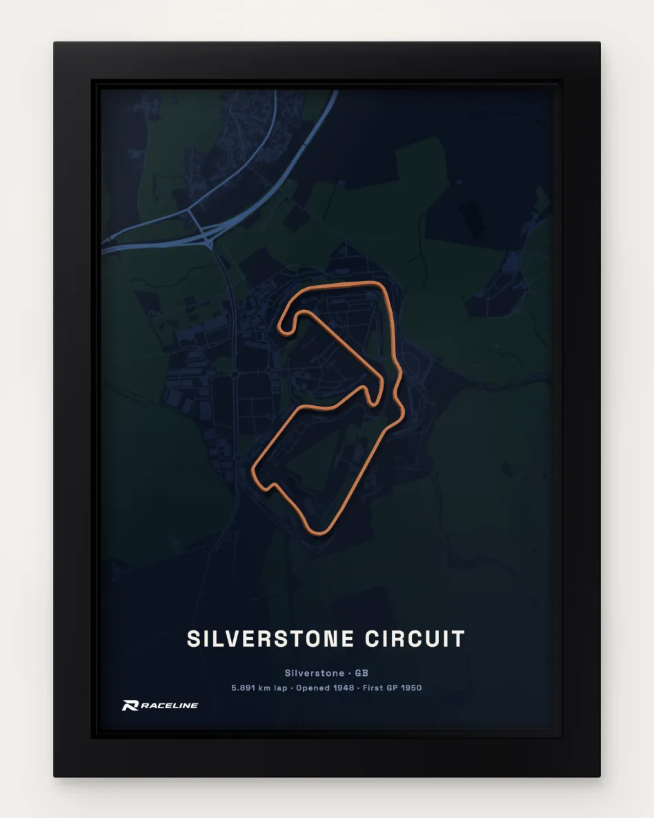 Framed Silverstone Circuit circuit poster with a map background