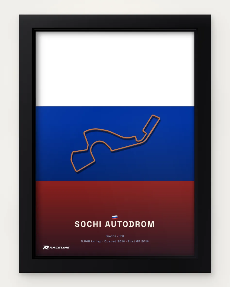 Framed Sochi Autodrom circuit poster on its national flag background