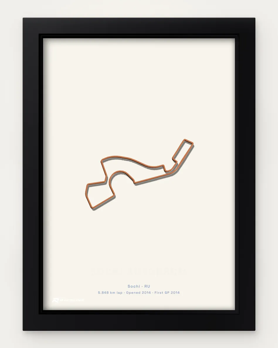 Framed Sochi Autodrom circuit poster on a solid background