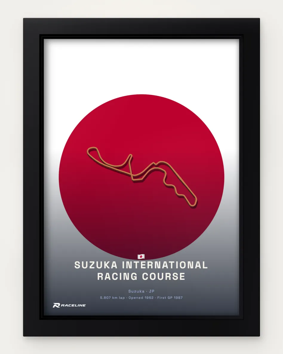 Framed Suzuka International Racing Course circuit poster on its national flag background