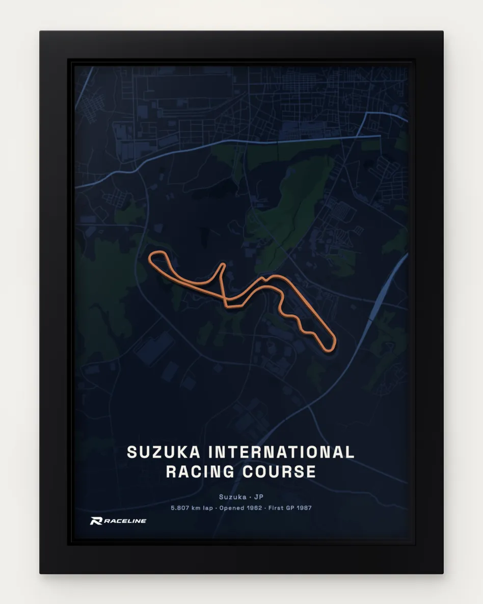 Framed Suzuka International Racing Course circuit poster with a map background