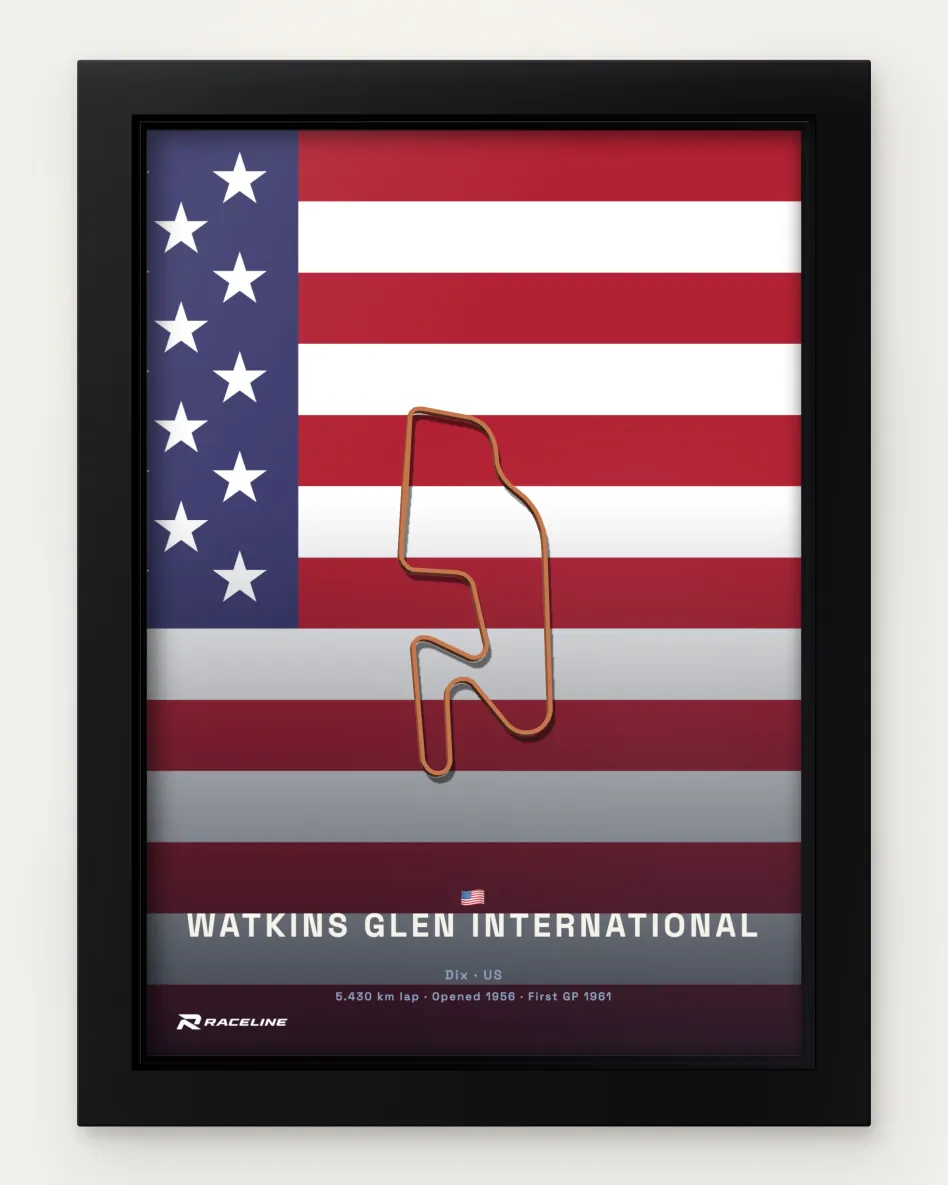 Framed Watkins Glen International circuit poster on its national flag background