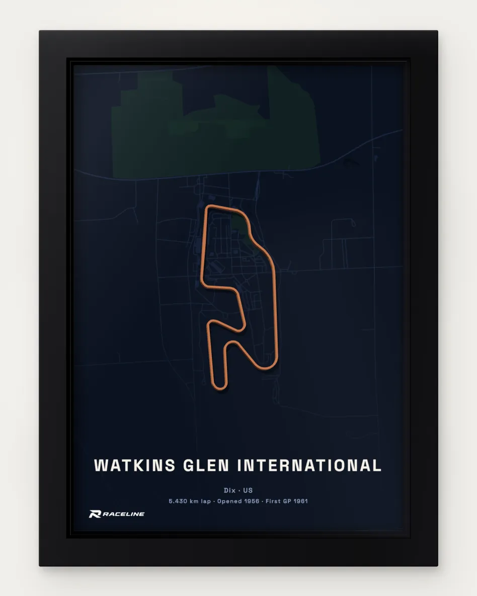 Framed Watkins Glen International circuit poster with a map background