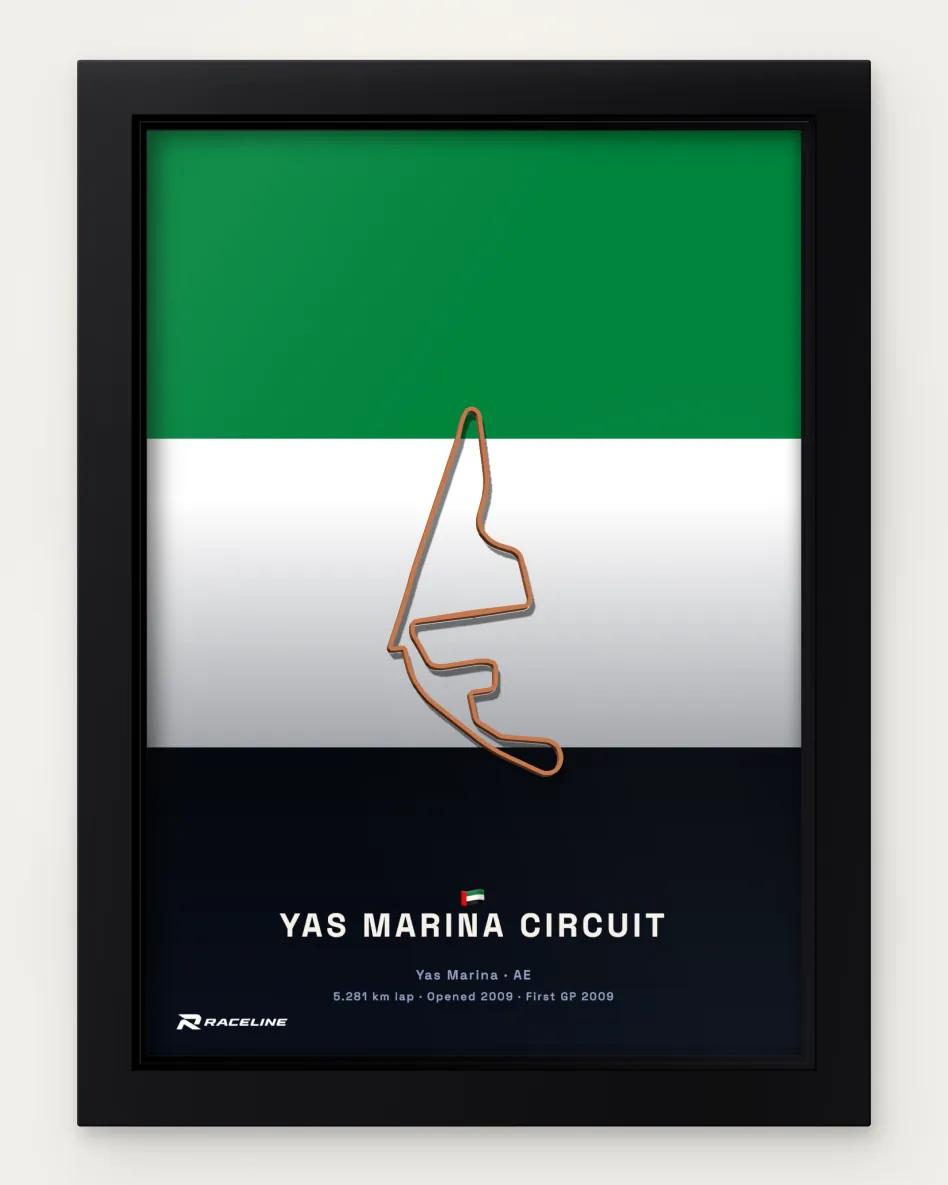 Framed Yas Marina Circuit circuit poster on its national flag background