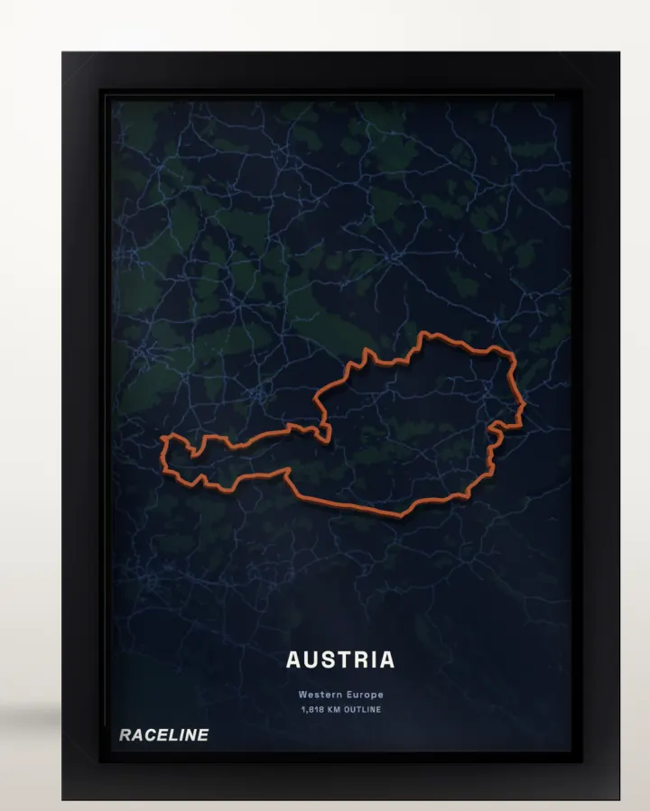 Framed Austria country outline poster with a map background