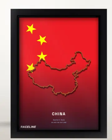 Framed China country outline poster on its flag background
