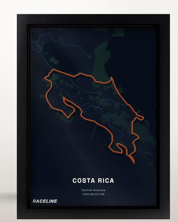 Framed Costa Rica country outline poster with a map background