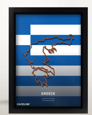 Framed Greece country outline poster on its flag background