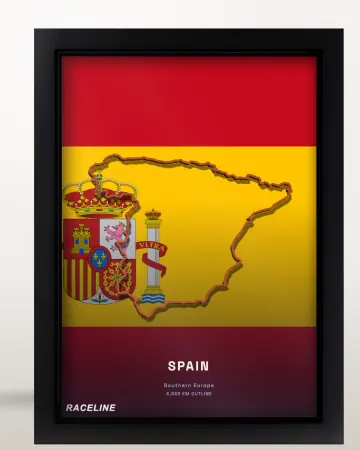 Framed Spain country outline poster on its flag background